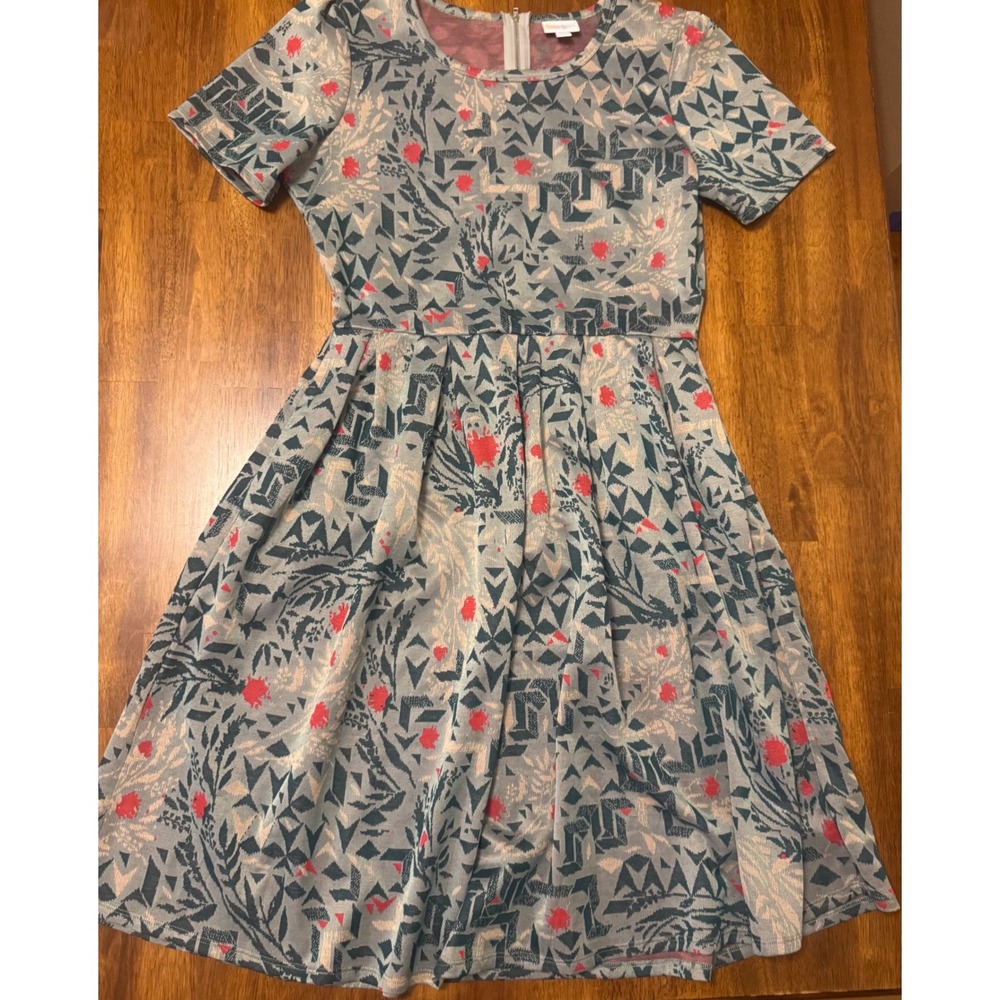 LuLaRoe Amelia Dress XL Blue Red Geometric Jacquard Pleated Pocket Fit & Flare